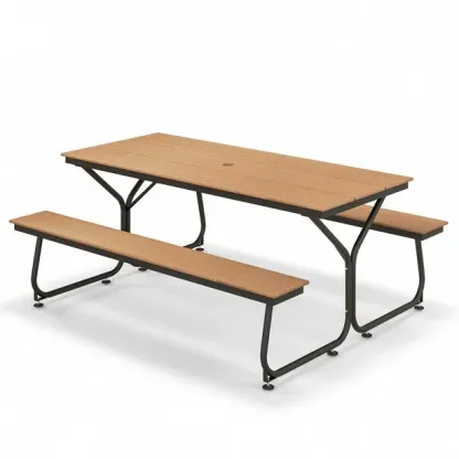 Costway Juego de Mesa y Banco para Picnic para 6-8 Personas, Mesa de Comedor y 2 Bancos con Estructura Metálica y Superficies de HDPE, Conjunto de Conversación para Balcón y Jardín, Marrón/Gris