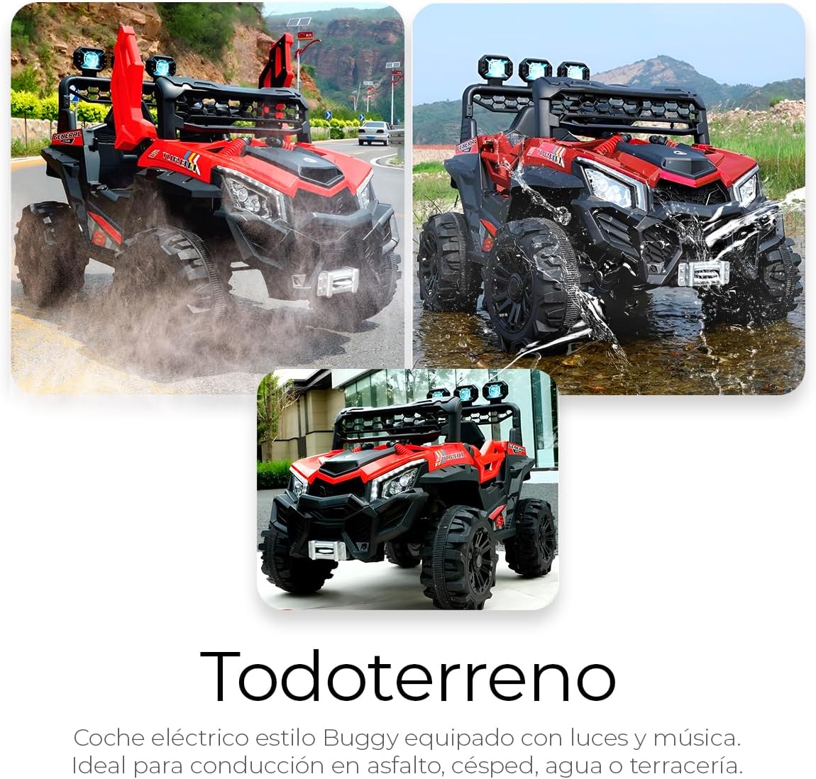 Raganet, Buggy Electrico Montable para Niños Color Rojo, Carrito de Control Remoto y Manejo Directo, con Luces, Estereo y Pedales Funcionales, Medidas: Alto 76cm X Ancho 68cm X Largo 109cm