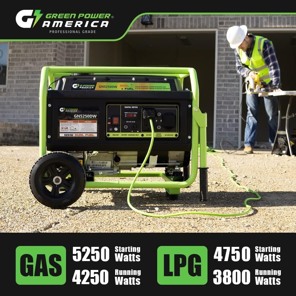 Green-Power America GN5250DW generador de Combustible Dual con propano y Gasolina de 5250 vatios, Color Verde