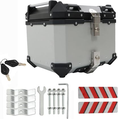 Labwork - Caja trasera para motocicleta de 45 l, con placa de montaje, aleación de aluminio dura, cierre de seguridad contra robo, metal plateado, caja trasera para maletero