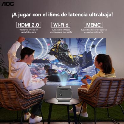 AOC Proyector portátil 4K Full HD,Enfoque automático,corrección Trapezoidal y ángulo Ajustable,con WiFi6 y Bluetooth,15000 lúmenes,Compatible con iOS,Android,PC,PS4 y PS5 para Trabajar y Jugar