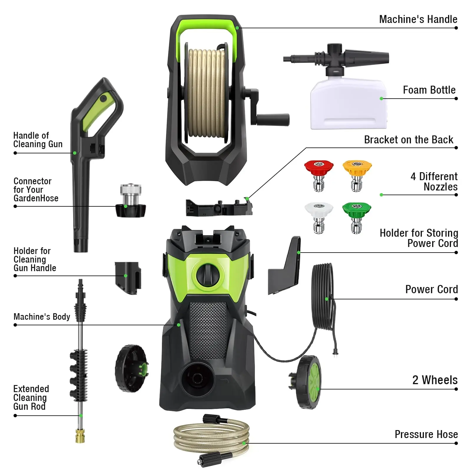 Hidrolavadora eléctrica 2600 PSI 2.4 GPM con 4 boquillas y cañón de espuma, ideal para autos, entradas, terrazas, cercas y limpieza exterior.