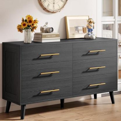 Cómoda de 6 Cajones para Recámara - Cajonera de Madera con Tiradores de Metal, Mueble de Almacenamiento Organizador para Dormitorio, Sala de Estar, Entrada (Negro)