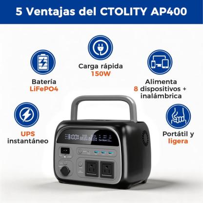 CTOLITY AP400 Generador Solar Portátil 346Wh(108000mAh) 500W Batería LiFePO4 150W Carga Rápida Inalámbrica 4000+ Ciclos UPS Instantáneo para Cortes de Luz Emergencias Respaldo de Energía Camping Viajes Hogar Exterior Generador Eléctrico Portátil Batería d