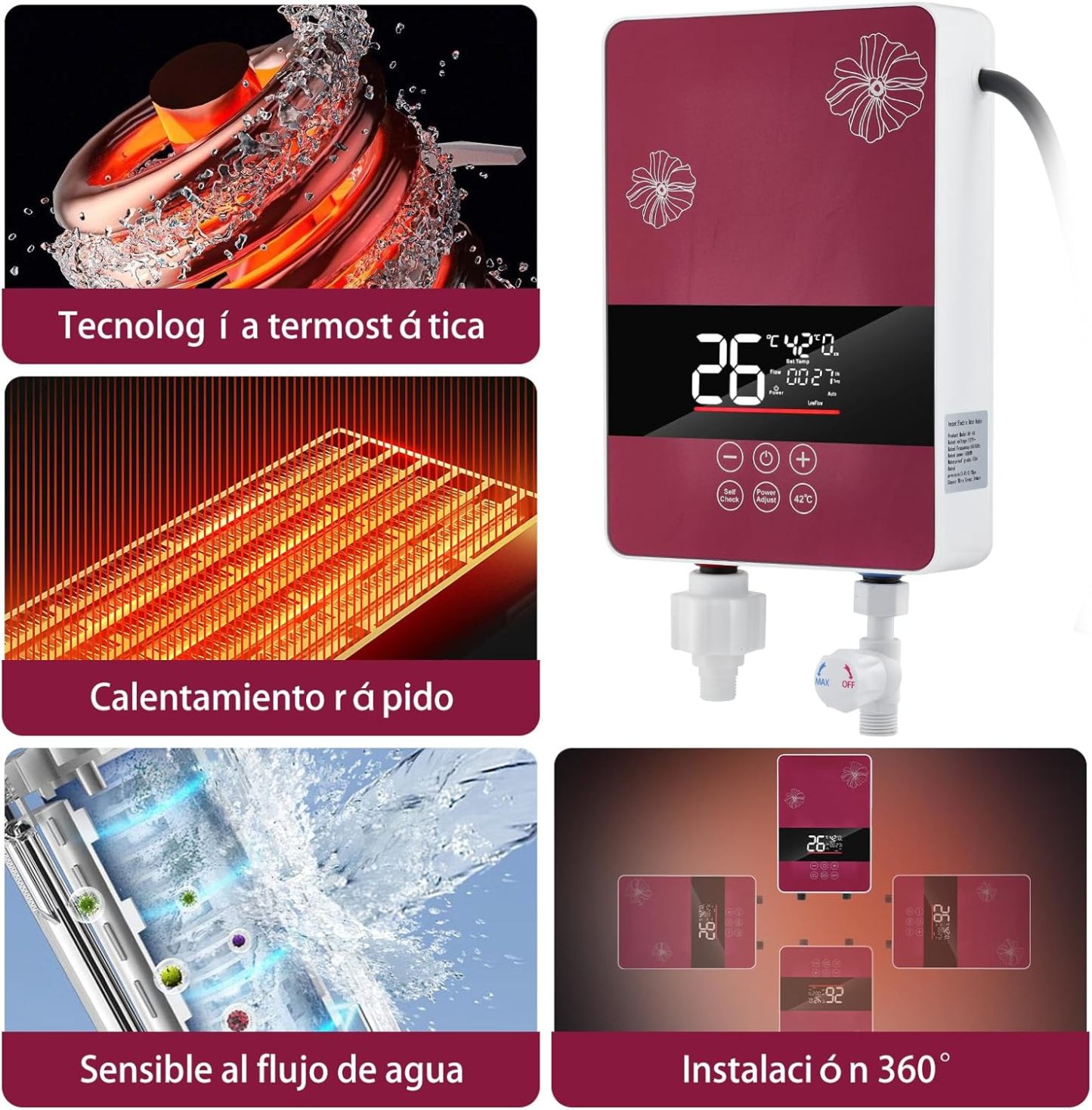 Calentador de Agua Electrico, Calentador de Agua instantaneo con Cabezal de Ducha, Pantalla Táctil de Ajuste Temp, Control Remoto, 5KW Calentador Electrico para Hogar Agua, Ahorra Hasta 80% de Gas