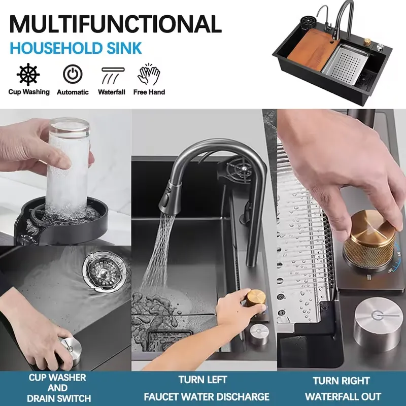 Fregadero de cocina de acero inoxidable de 33 x 22 pulgadas, color negro nano, diseño de cascada y montaje empotrado (drop-in), cubeta única, con grifo extraíble y accesorios incluidos.