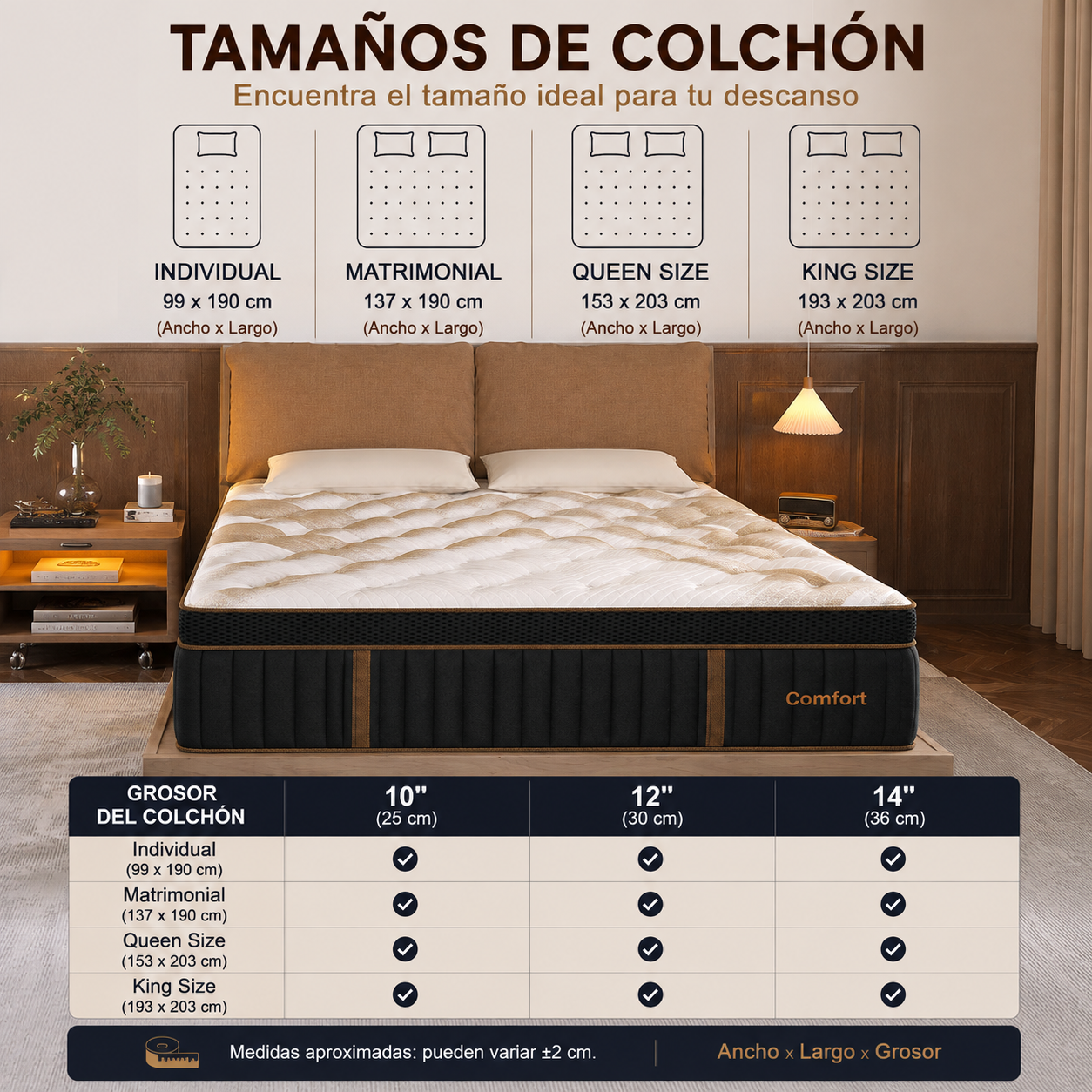 Colchón híbrido de muelles y espuma viscoelástica, firmeza media
