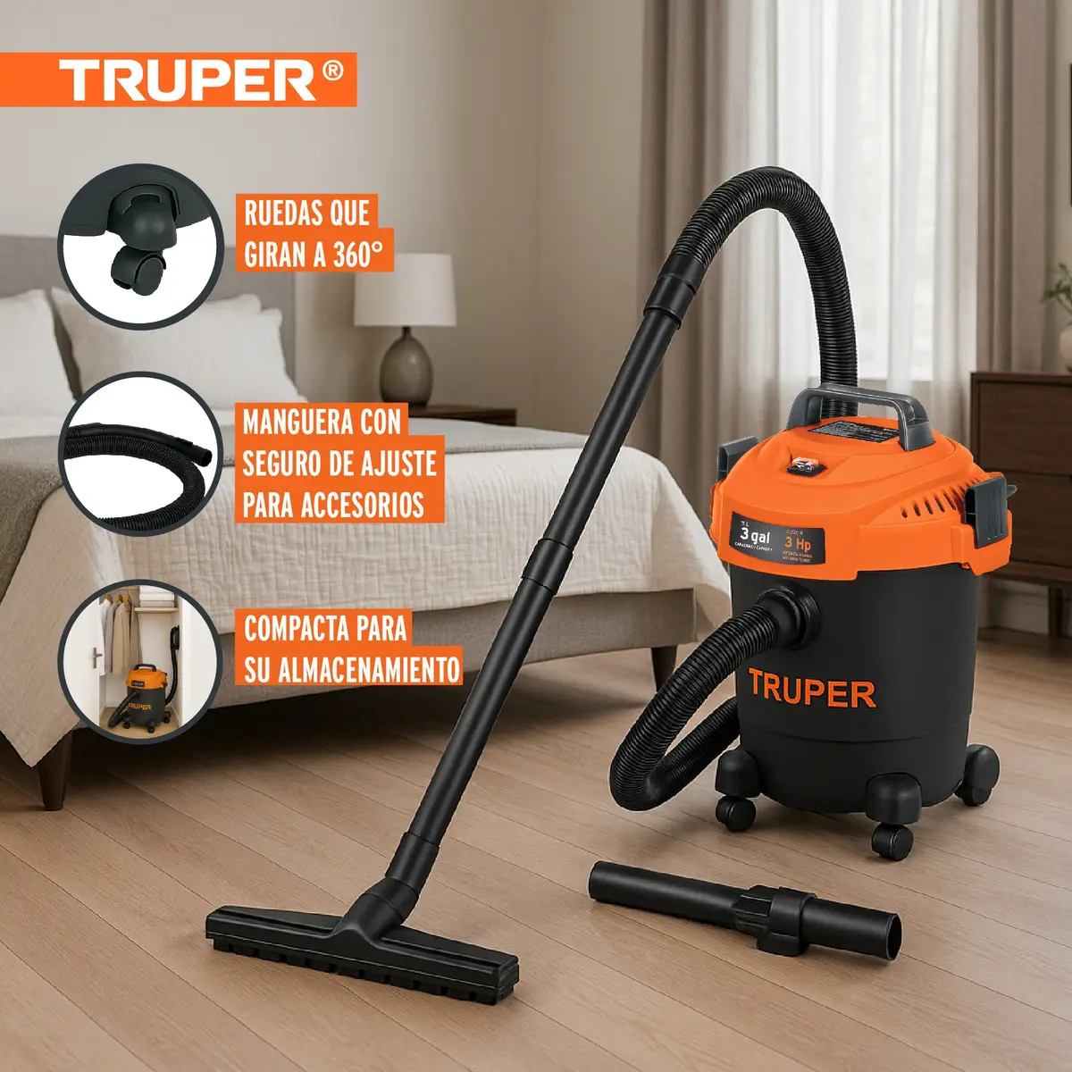 Aspiradora Truper Seco Mojado 3 Gal 3 HP 60 Hz Filtro HEPA Accesorios Incluidos ASP-03N Naranja