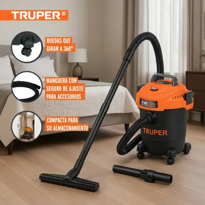 Aspiradora Truper Seco Mojado 3 Gal 3 HP 60 Hz Filtro HEPA Accesorios Incluidos ASP-03N Naranja