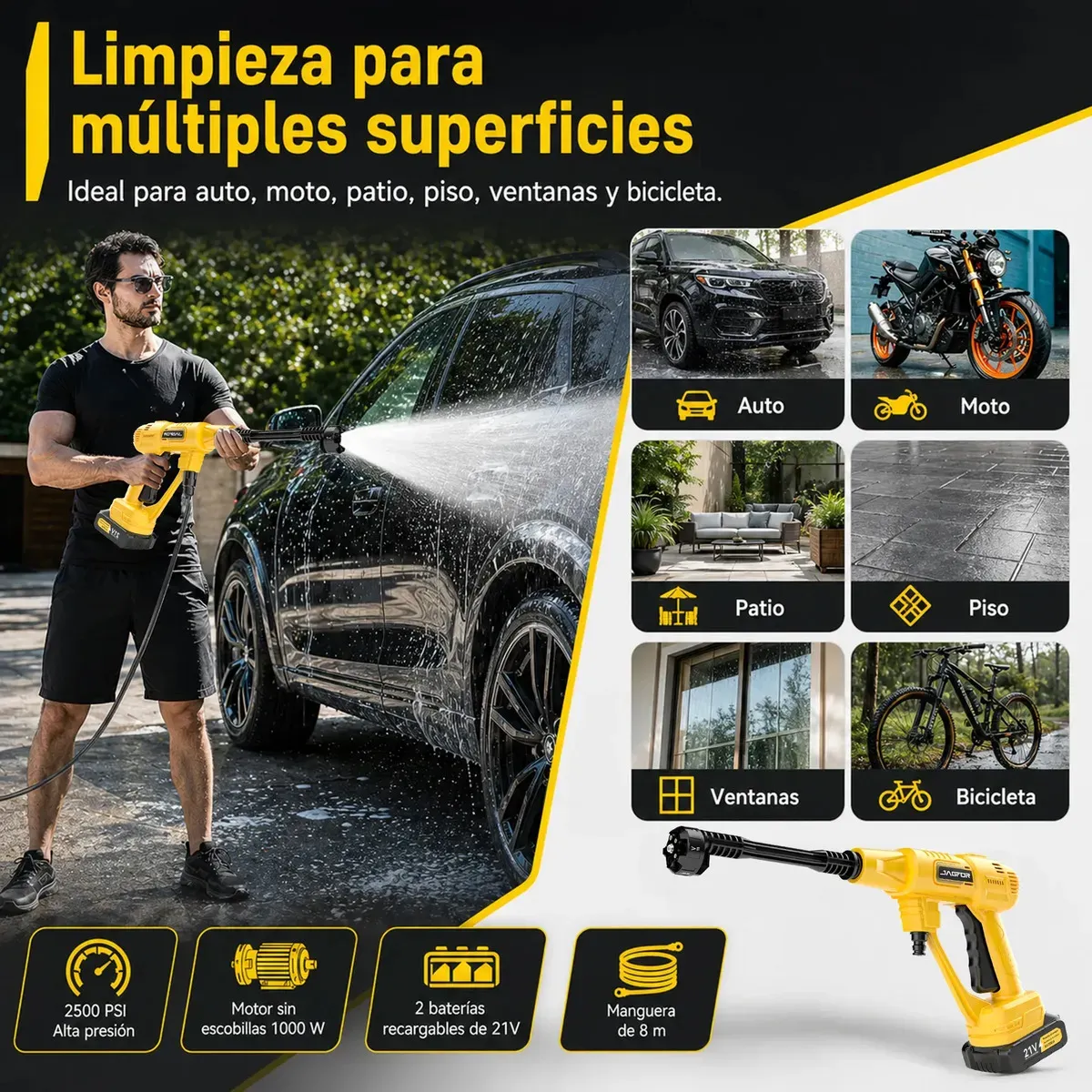Hidrolavadora Inalámbrica JAGFOR de 2500 PSI con Boquilla 6 en 1 y 2 Baterías de 7500 mAh