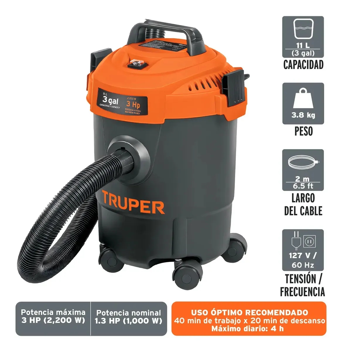 Aspiradora Truper Seco Mojado 3 Gal 3 HP 60 Hz Filtro HEPA Accesorios Incluidos ASP-03N Naranja