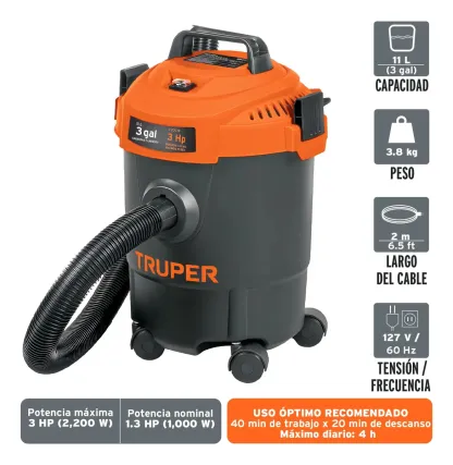 Aspiradora Truper Seco Mojado 3 Gal 3 HP 60 Hz Filtro HEPA Accesorios Incluidos ASP-03N Naranja