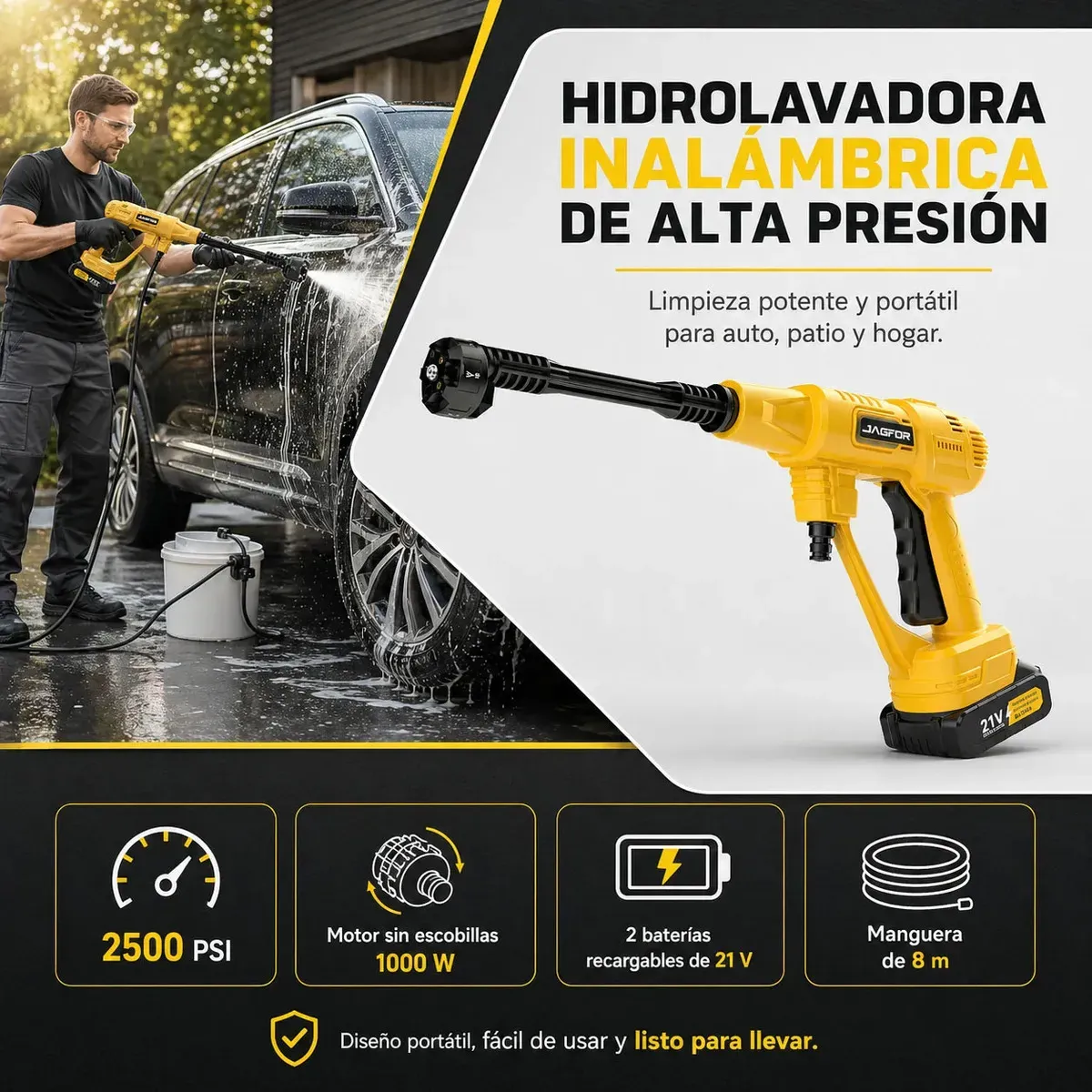 Hidrolavadora Inalámbrica JAGFOR de 2500 PSI con Boquilla 6 en 1 y 2 Baterías de 7500 mAh