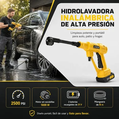 Hidrolavadora Inalámbrica JAGFOR de 2500 PSI con Boquilla 6 en 1 y 2 Baterías de 7500 mAh
