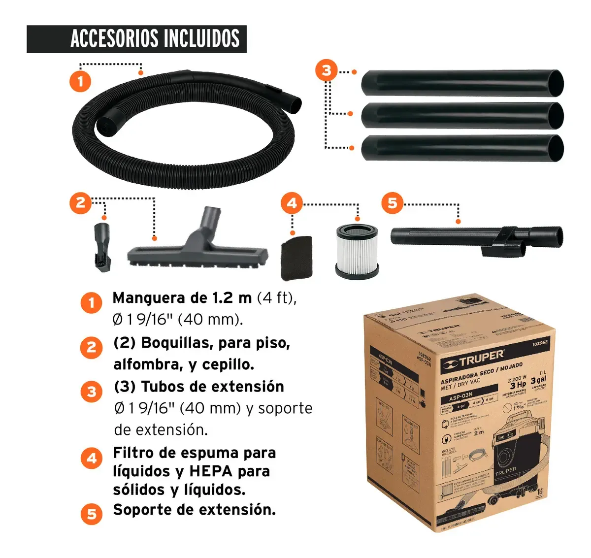 Aspiradora Truper Seco Mojado 3 Gal 3 HP 60 Hz Filtro HEPA Accesorios Incluidos ASP-03N Naranja