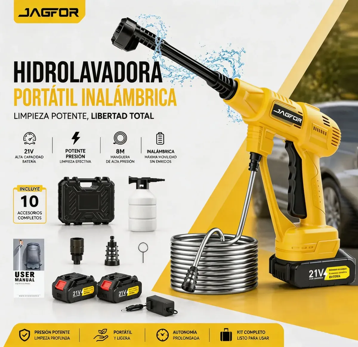 Hidrolavadora Inalámbrica JAGFOR de 2500 PSI con Boquilla 6 en 1 y 2 Baterías de 7500 mAh