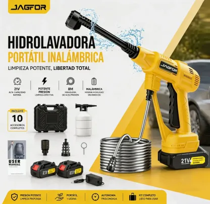 Hidrolavadora Inalámbrica JAGFOR de 2500 PSI con Boquilla 6 en 1 y 2 Baterías de 7500 mAh
