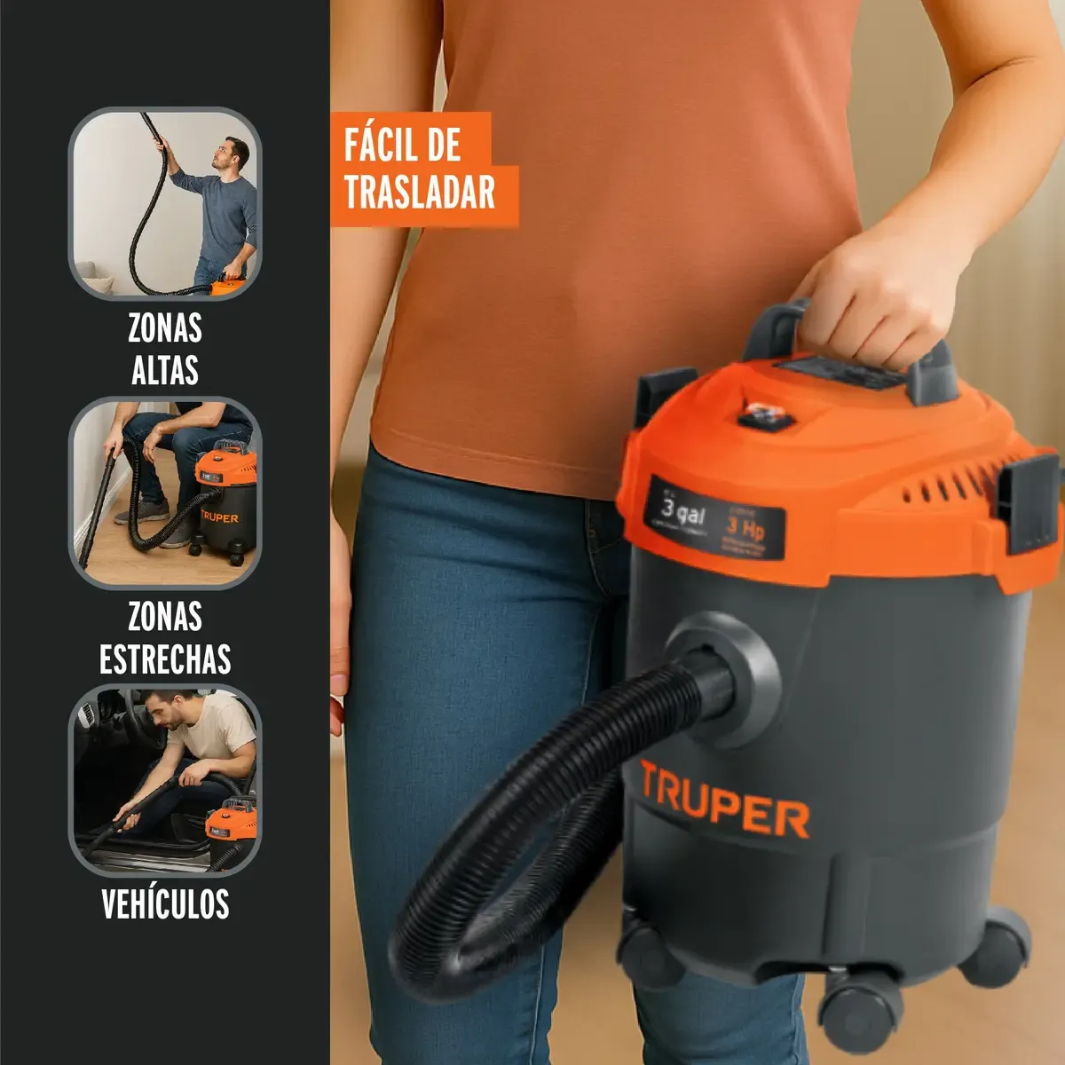 Aspiradora Truper Seco Mojado 3 Gal 3 HP 60 Hz Filtro HEPA Accesorios Incluidos ASP-03N Naranja