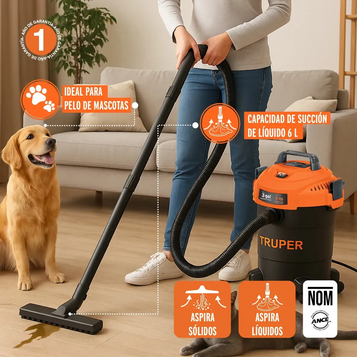 Aspiradora Truper Seco Mojado 3 Gal 3 HP 60 Hz Filtro HEPA Accesorios Incluidos ASP-03N Naranja