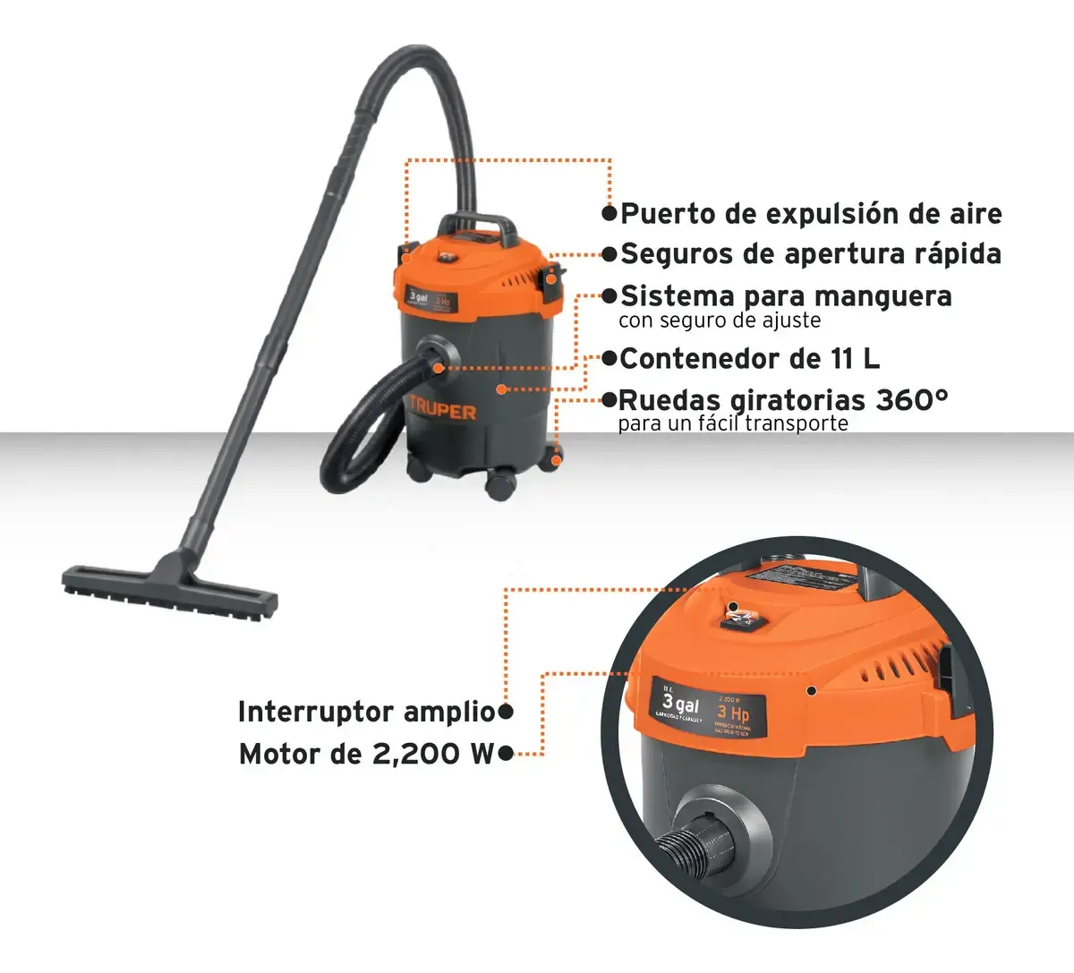 Aspiradora Truper Seco Mojado 3 Gal 3 HP 60 Hz Filtro HEPA Accesorios Incluidos ASP-03N Naranja