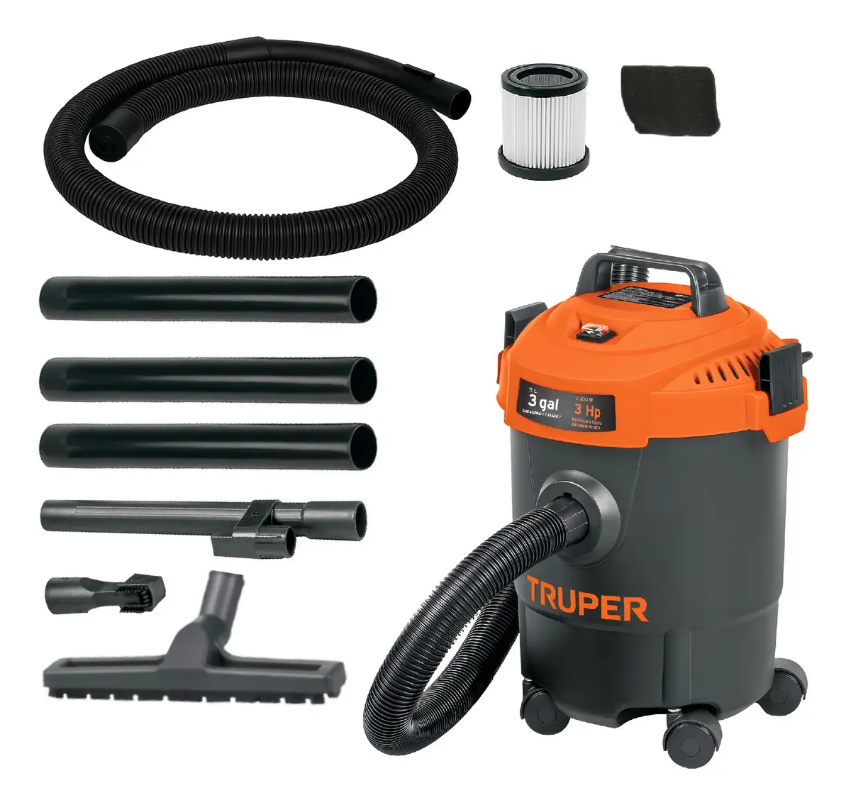 Aspiradora Truper Seco Mojado 3 Gal 3 HP 60 Hz Filtro HEPA Accesorios Incluidos ASP-03N Naranja