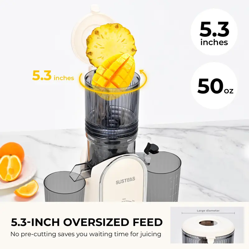 Licuadora de prensado en frío SUSTEAS XL de 13,5 cm (5,3"): ¡Apto para frutas y verduras enteras, sin necesidad de cortarlas! Alta retención de nutrientes y máximo rendimiento de jugo.
