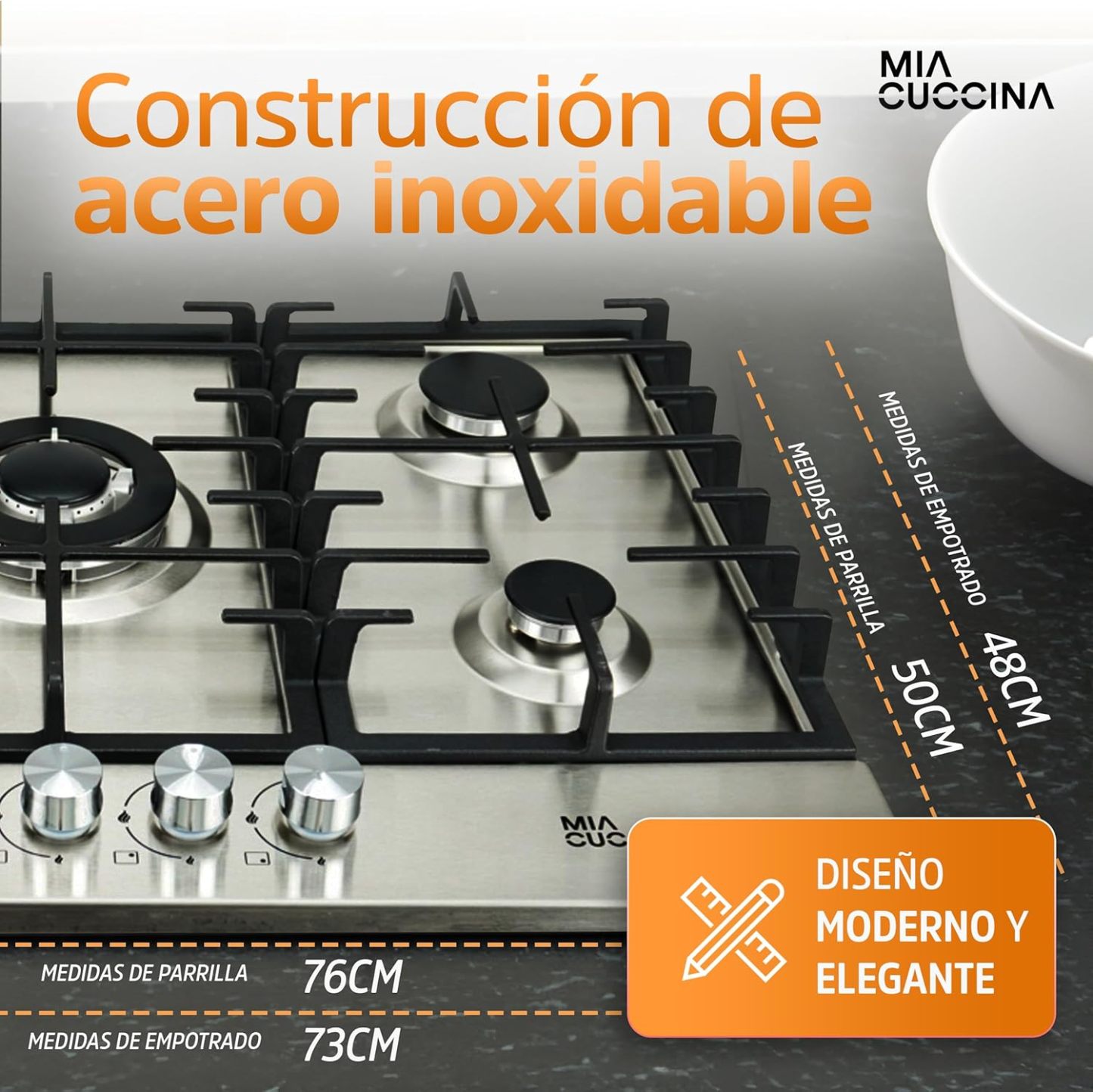 [Copy]Parrilla de Gas - Estufa Empotrable - Natural o LP | Estufa 5 Quemadores - Ideal para tu Hogar | Parrilla de Gas 5 Quemadores de Acero Inoxidable | Perfecta para Cocina Integral | MIA CUCCINA 63x53