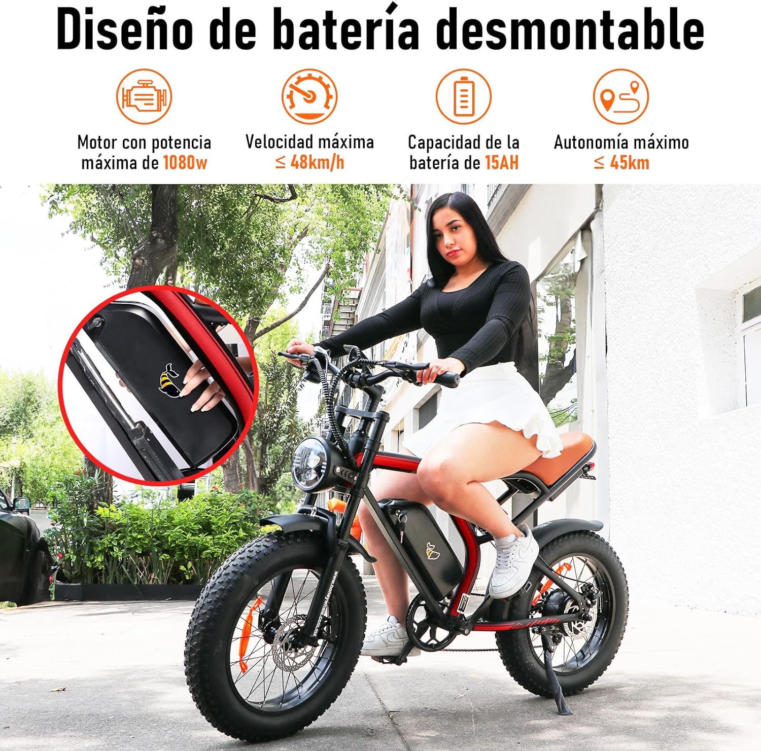 HONEYWHALE K6 Bicicleta Electrica para Adultos, Moto Bicicleta de Montaña de 7 Velocidades, Potencia del Motor 1080 W, Velocidad Máxima 48KM/H, Autonomía 40-45KM, Batería (48V, 15AH)-Muñeca
