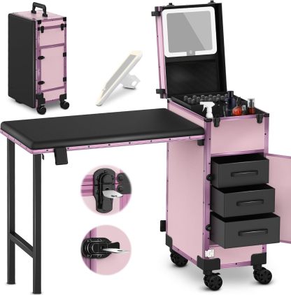 EASYINBEAUTY - Mesa de manicura portátil con 3 cajones, organizador de espejo y esmalte de uñas, estuche de tren de maquillaje con cerradura con computadora de uñas plegable, estuche de viaje