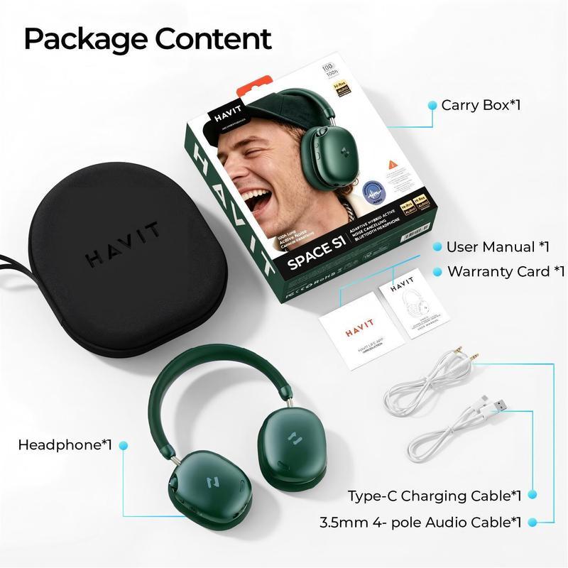 Mejores que los AirPods Max Audífonos HAVIT SPACE S1 Diadema | ANC Híbrido -45dB | Batería 100 Horas | Bluetooth 6.0 | Audio Hi-Res LHDC | Espuma Memoria Cómodos Todo el Día| 5 Micrófonos ENC Llamadas Nítidas | Carga Rápida 5min=5h | Audio Espacial | Cone