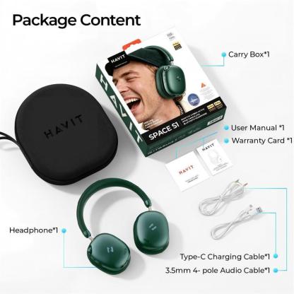 Mejores que los AirPods Max Audífonos HAVIT SPACE S1 Diadema | ANC Híbrido -45dB | Batería 100 Horas | Bluetooth 6.0 | Audio Hi-Res LHDC | Espuma Memoria Cómodos Todo el Día| 5 Micrófonos ENC Llamadas Nítidas | Carga Rápida 5min=5h | Audio Espacial | Cone