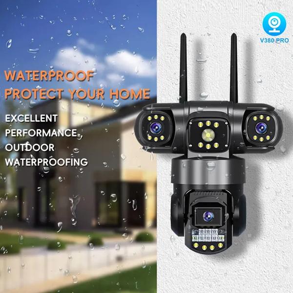 V380 PRO Cámara de seguridad WiFi inalámbrica exterior, múltiples lentes y grabaciones, visión 90/355° completa, audio bidireccional, detección de movimiento, instalación fácil, seguimiento automático + alarma, grabación, gestión por app móvil, seguridad 