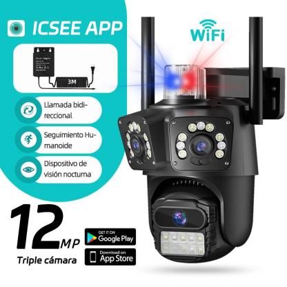 ICSEE Cámara de Seguridad Exterior WiFi 3 Lentes 12MP UHD con Cable de 3m - 360° Seguimiento y Alarma Automática, Alexa/ONVIF, Visión Nocturna Color,Voz bidireccional, IP66 para Exterior, Sin Mensualidad (Tarjeta SD/Gratis 7 Días)