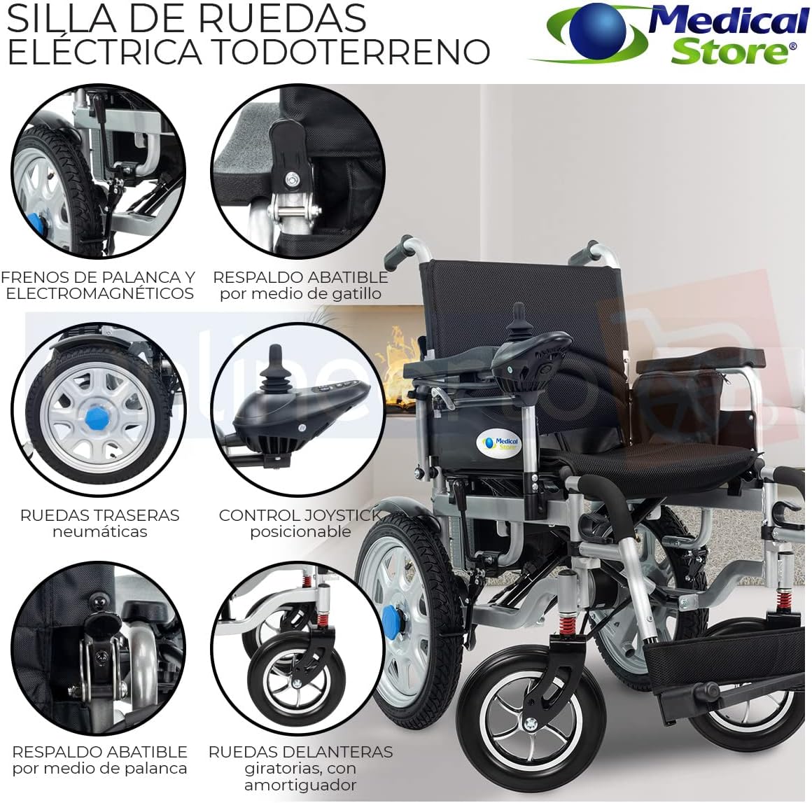 Medical Store de Lujo Silla De Ruedas Eléctrica, Modelo 101GMS, Silla Plegable de Acero de Alta Resistencia, Color Negro, Incluye Cinturón de seguridad y Control Joystick.