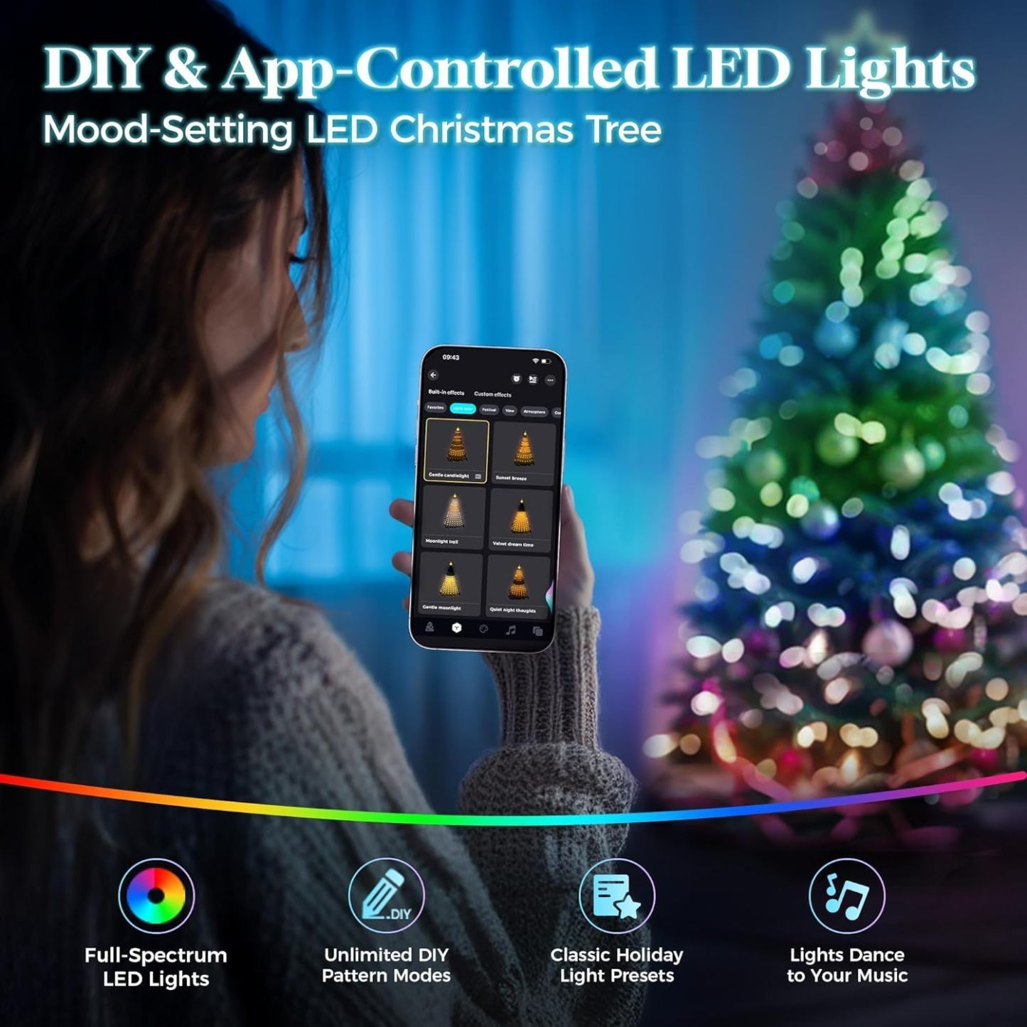 DAHAN Árbol de Navidad Nevado con 250 Luces LED Integradas, 1.8M, PVC y PE, 1072 Puntas, Control por App, Multicolor y Blanco Cálido, Base de Metal
