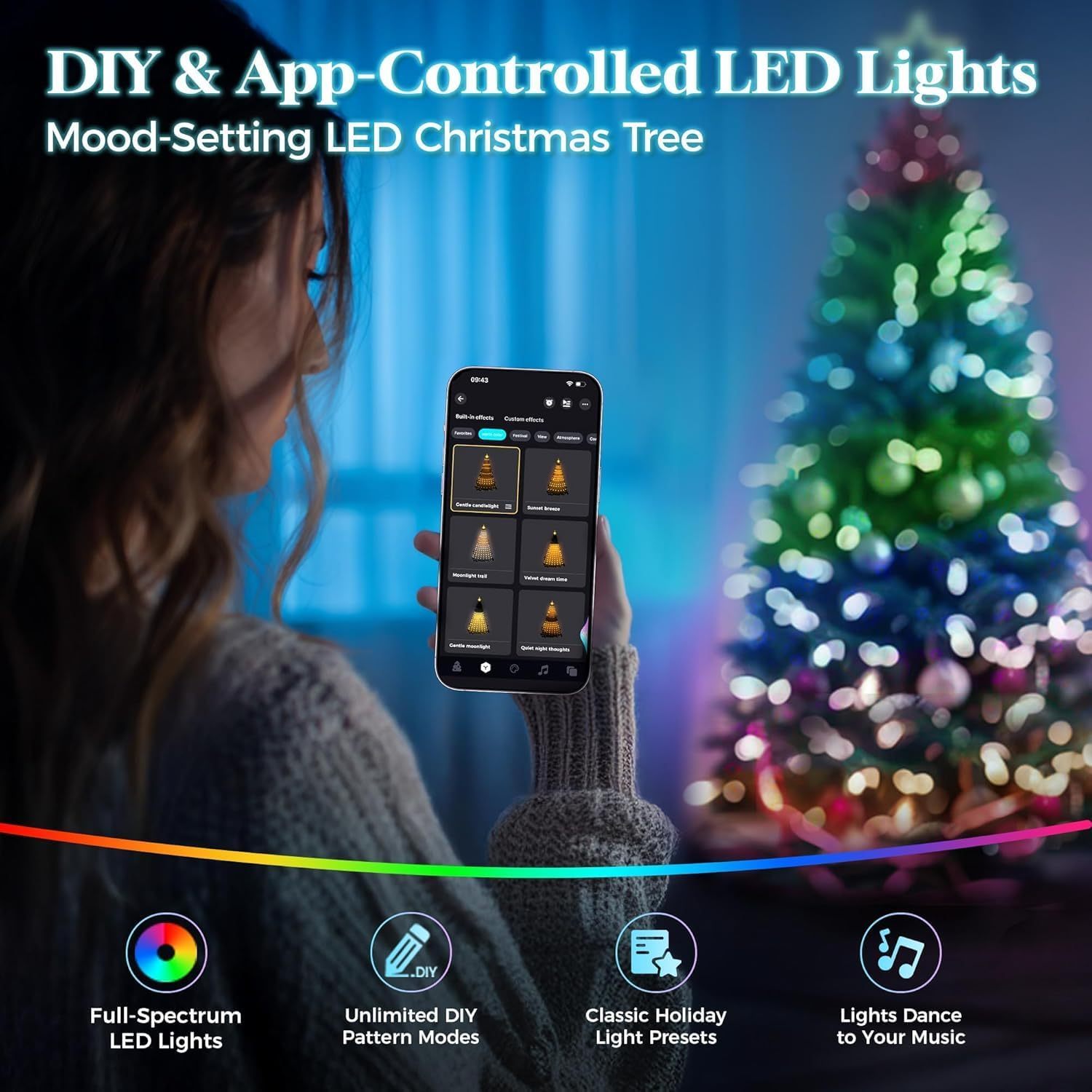 DAHAN Árbol de Navidad Nevado con 250 Luces LED Integradas, 1.8M, PVC y PE, 1072 Puntas, Control por App, Multicolor y Blanco Cálido, Base de Metal