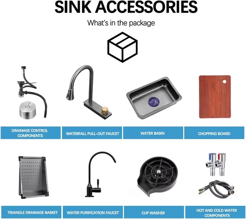 Fregadero de cocina de acero inoxidable de 33 x 22 pulgadas, color negro nano, diseño de cascada y montaje empotrado (drop-in), cubeta única, con grifo extraíble y accesorios incluidos.