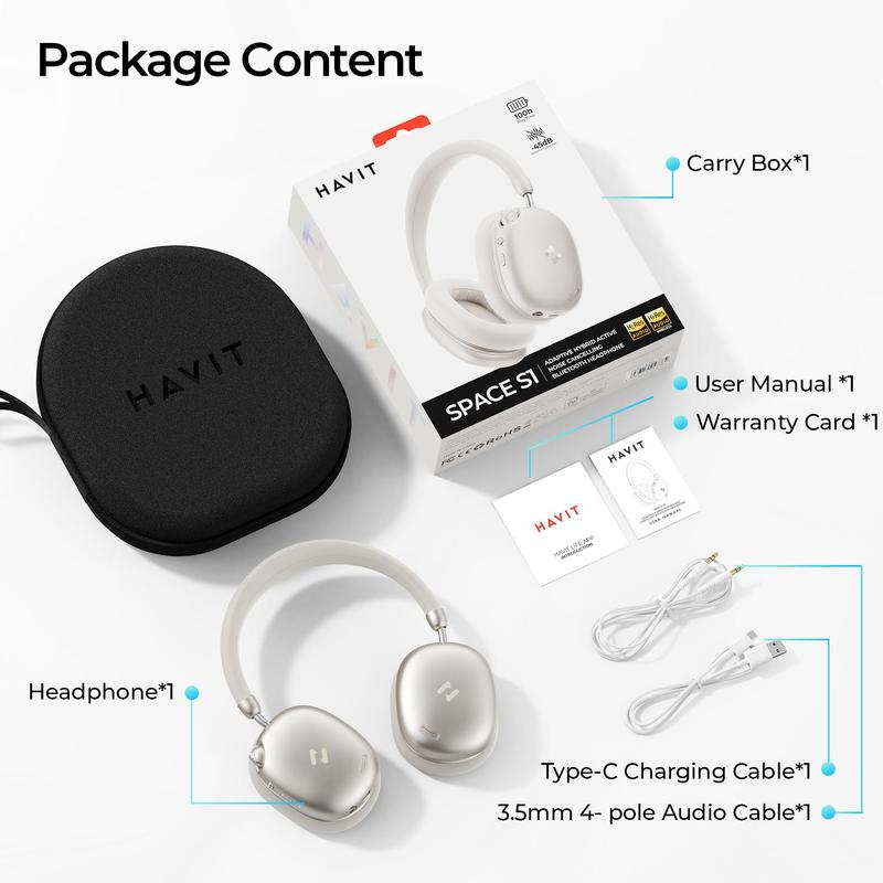 Mejores que los AirPods Max Audífonos HAVIT SPACE S1 Diadema | ANC Híbrido -45dB | Batería 100 Horas | Bluetooth 6.0 | Audio Hi-Res LHDC | Espuma Memoria Cómodos Todo el Día| 5 Micrófonos ENC Llamadas Nítidas | Carga Rápida 5min=5h | Audio Espacial | Cone