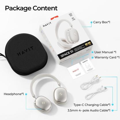 Mejores que los AirPods Max Audífonos HAVIT SPACE S1 Diadema | ANC Híbrido -45dB | Batería 100 Horas | Bluetooth 6.0 | Audio Hi-Res LHDC | Espuma Memoria Cómodos Todo el Día| 5 Micrófonos ENC Llamadas Nítidas | Carga Rápida 5min=5h | Audio Espacial | Cone