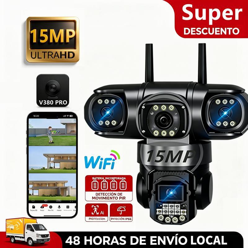 V380 PRO Cámara de seguridad WiFi inalámbrica exterior, múltiples lentes y grabaciones, visión 90/355° completa, audio bidireccional, detección de movimiento, instalación fácil, seguimiento automático + alarma, grabación, gestión por app móvil, seguridad