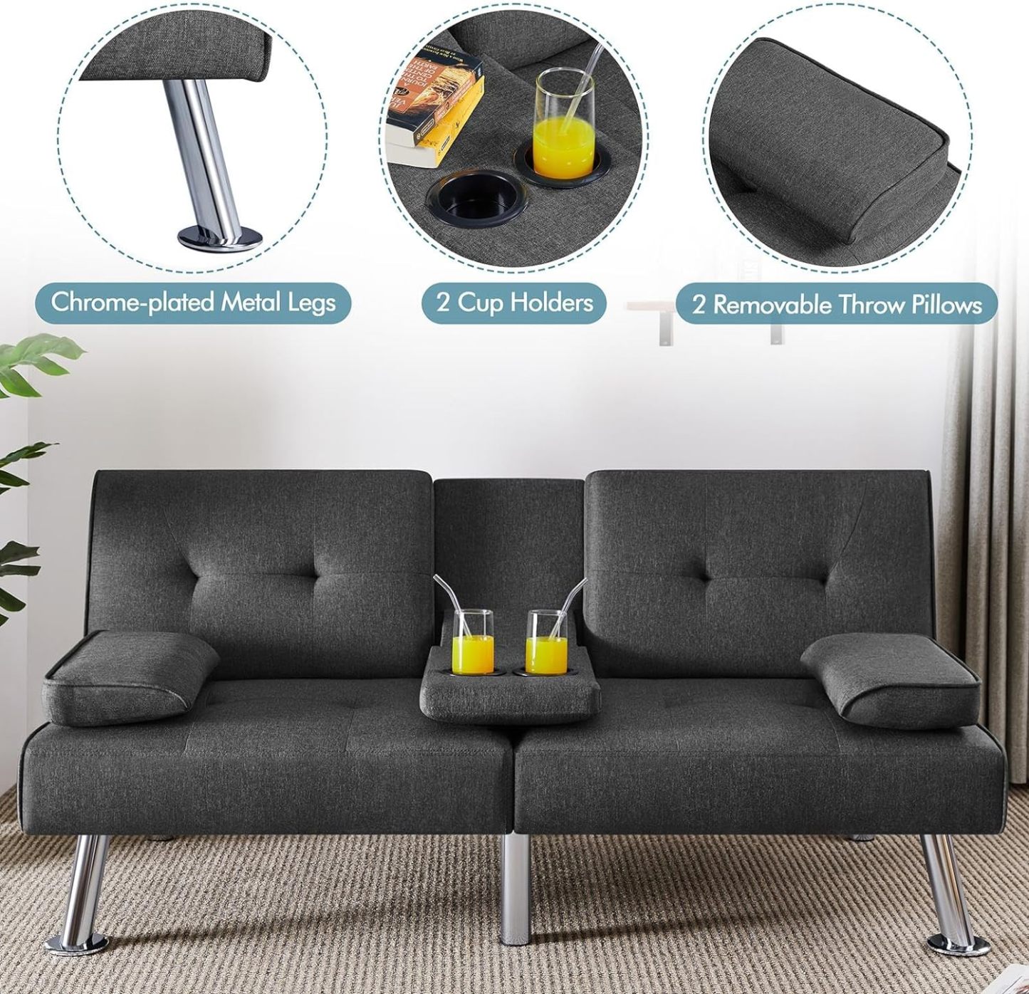 Yaheetech - Sofá Cama Convertible Ajustable, Moderno sillón reclinable de Piel sintética Reversible, sofá Cama Plegable, reposabrazos extraíbles, portavasos, 3 ángulos, Capacidad de 700 Libras, Color