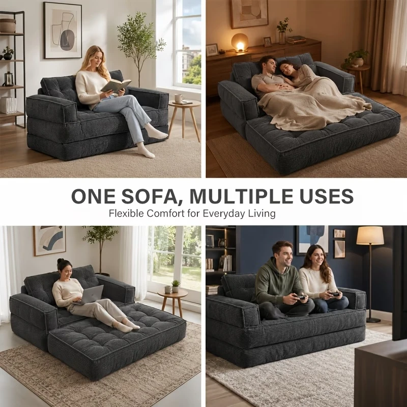 Sofá cama doble tapizado, plegable y convertible, ideal para espacios pequeños como apartamentos, residencias estudiantiles o salas de estar pequeñas. Puede utilizarse para relajarse, leer o tomar una siesta.
