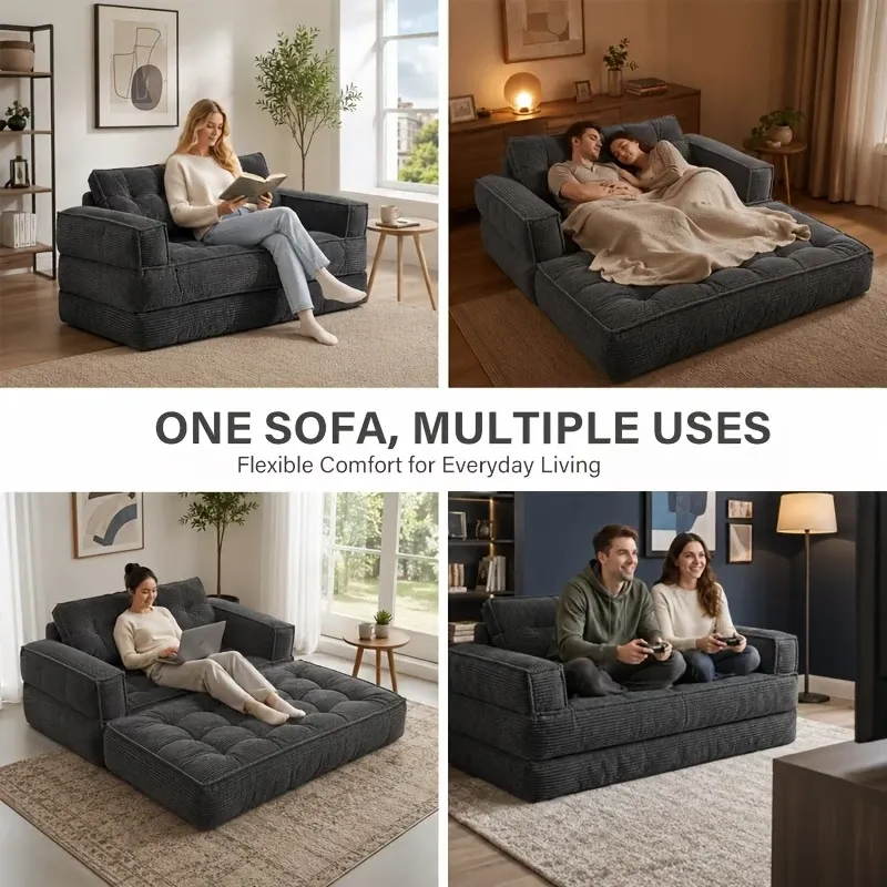 Sofá cama doble tapizado, plegable y convertible, ideal para espacios pequeños como apartamentos, residencias estudiantiles o salas de estar pequeñas. Puede utilizarse para relajarse, leer o tomar una siesta.