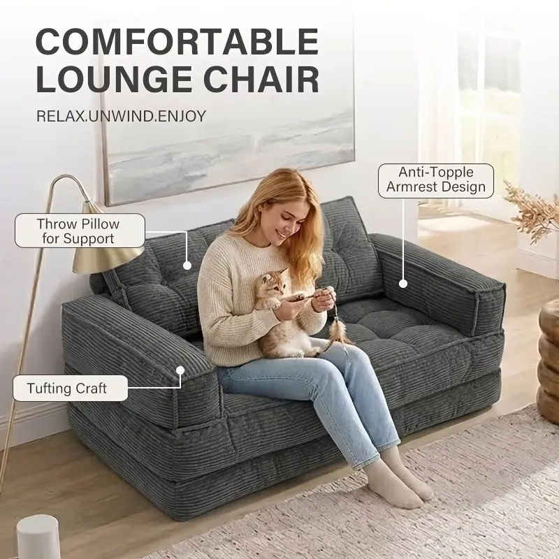 Sofá cama doble tapizado, plegable y convertible, ideal para espacios pequeños como apartamentos, residencias estudiantiles o salas de estar pequeñas. Puede utilizarse para relajarse, leer o tomar una siesta.