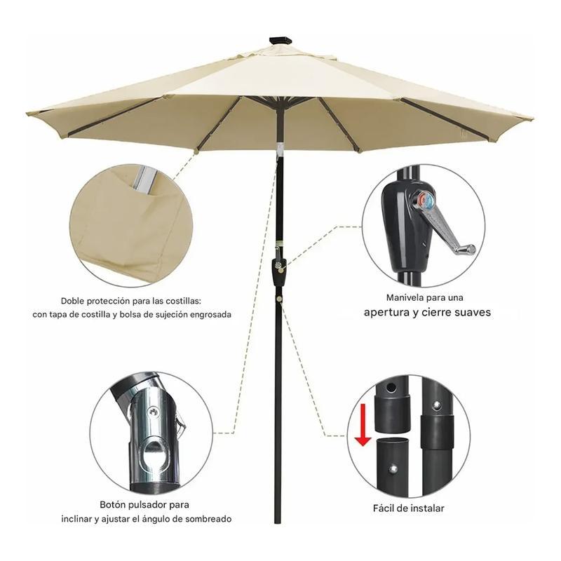 Sombrilla de exterior para jardín, de 2 metros, con luces LED y control remoto, con botón de inclinación y manivela, resistente al viento e impermeable, perfecta para la playa, con protección UV, producto para jardín, jardín, patio y balcón. Sombrilla