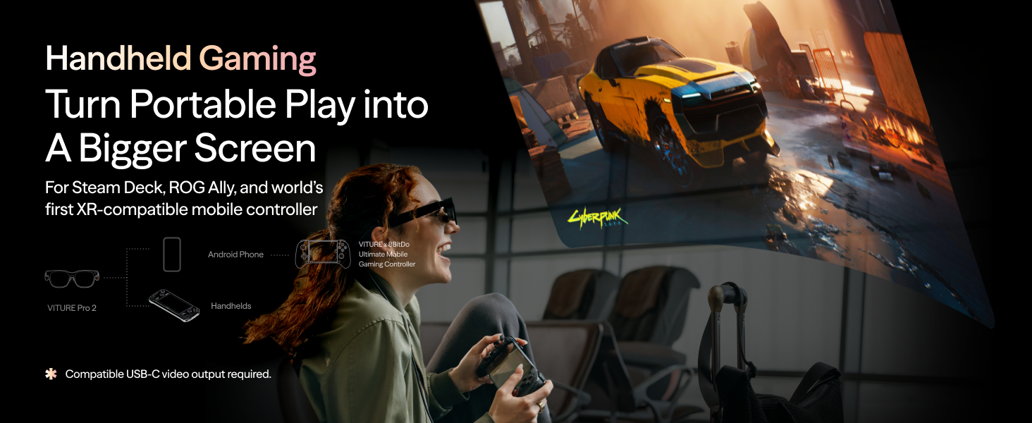 Text reads 'Handheld Gaming Turn Portable Play into A Bigger Screen' with 'For Exam-Data, Nintendo, and mobile.' Gaming handheld device displayed with controller setup on outdoor gaming scene.