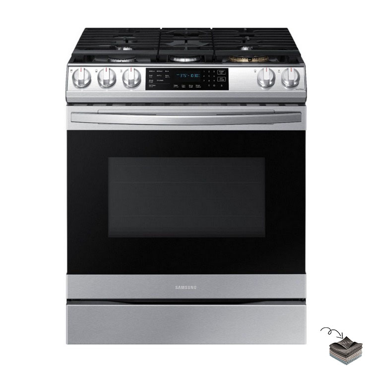 Samsung - 6,0 pies cúbicos. Estufa de convección a gas deslizable con control frontal, Air Fry y Wi-Fi, resistente a huellas dactilares, acero inoxidable
