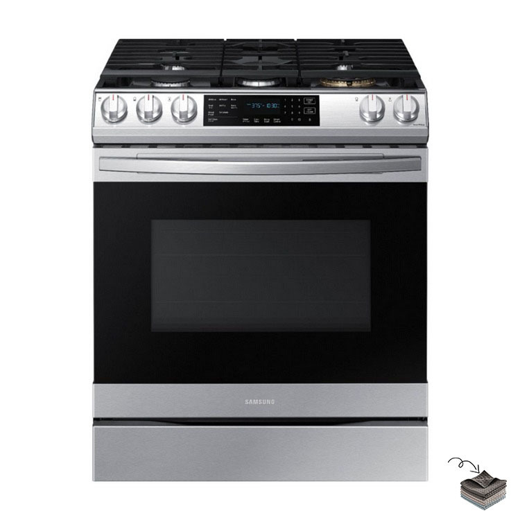 Samsung - 6,0 pies cúbicos. Estufa de convección a gas deslizable con control frontal, Air Fry y Wi-Fi, resistente a huellas dactilares, acero inoxidable