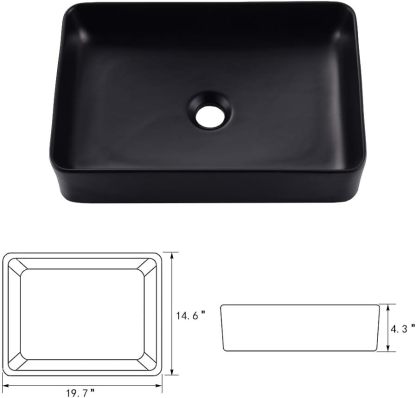 VOKIM - Conjunto de fregadero y llave de baño de 20 x 14 pulgadas, rectángulo moderno sobre el mostrador, porcelana negra, lavabo de cerámica y llave de bronce aceitado