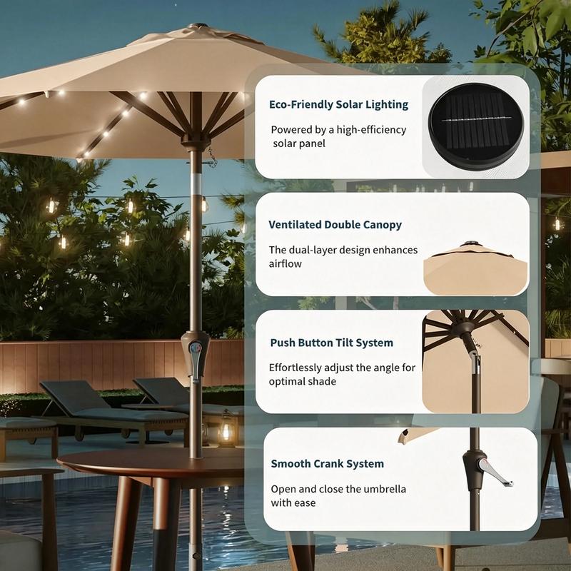 Sombrilla de exterior para jardín, de 2 metros, con luces LED y control remoto, con botón de inclinación y manivela, resistente al viento e impermeable, perfecta para la playa, con protección UV, producto para jardín, jardín, patio y balcón. Sombrilla